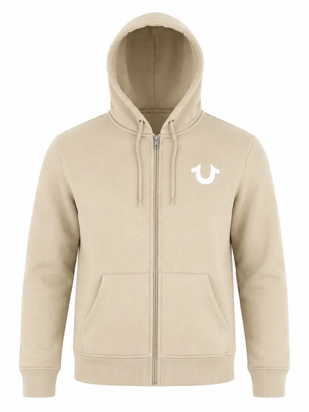 True Religion Big Horseshoe Flock Zip Hoodie Tan Men's M Graphic Streetwear Logo